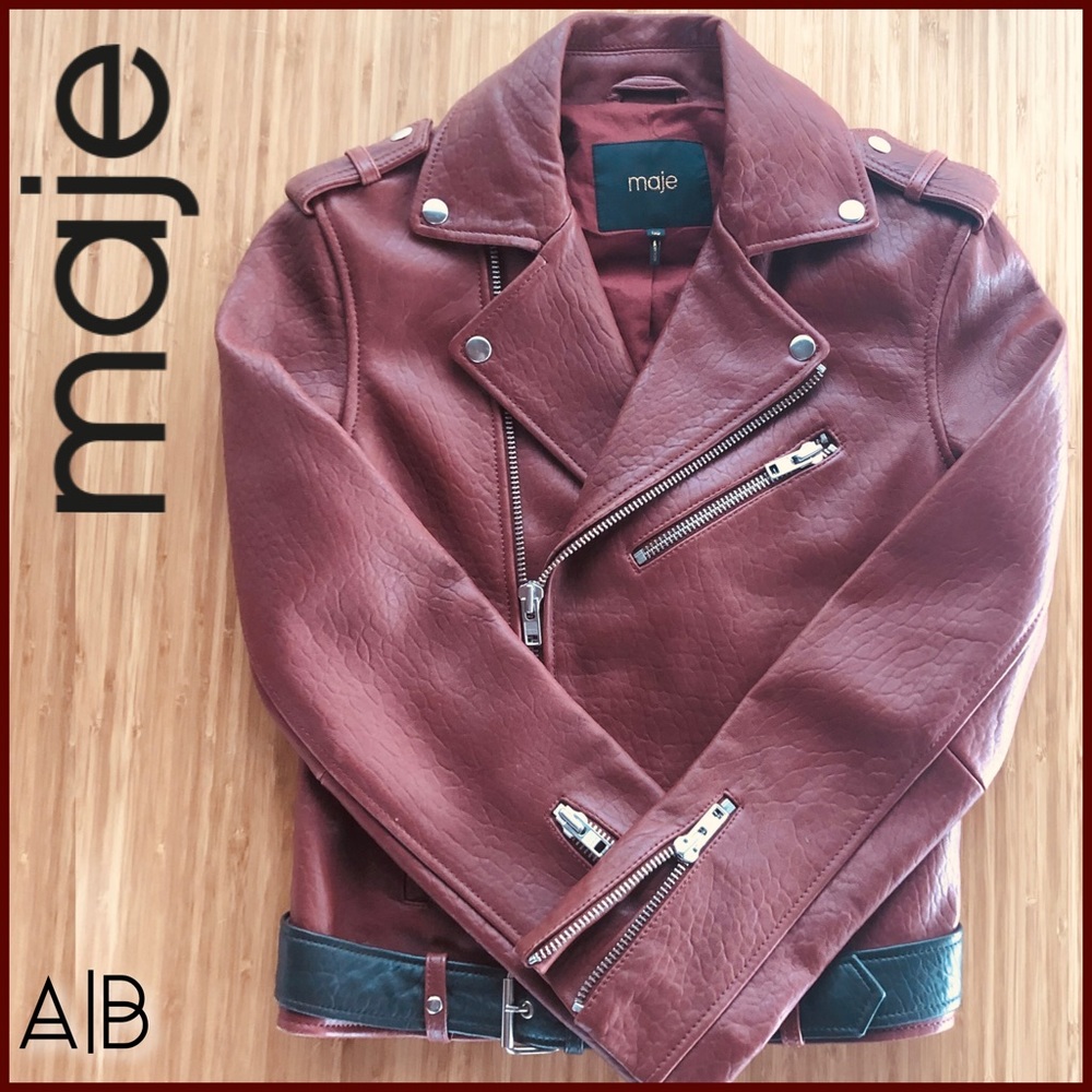 maje Leather Bixente Moto Jacket in Burgundy